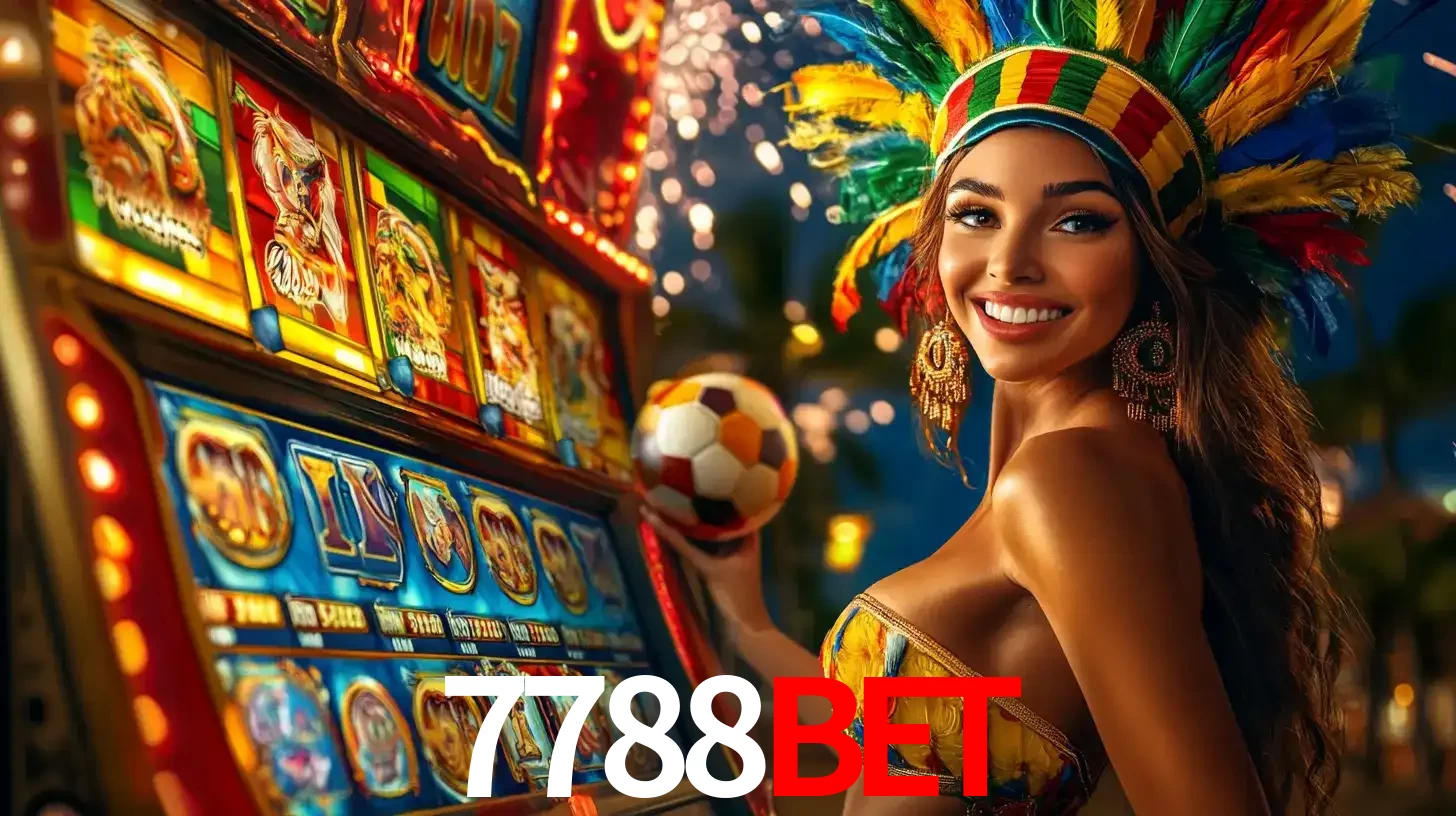Mulher com um cocar de carnaval ao lado de uma máquina de caça-níqueis enquanto segura uma bola de futebol, mostrando a união da diversão de cassino e esportes no 7788BET.