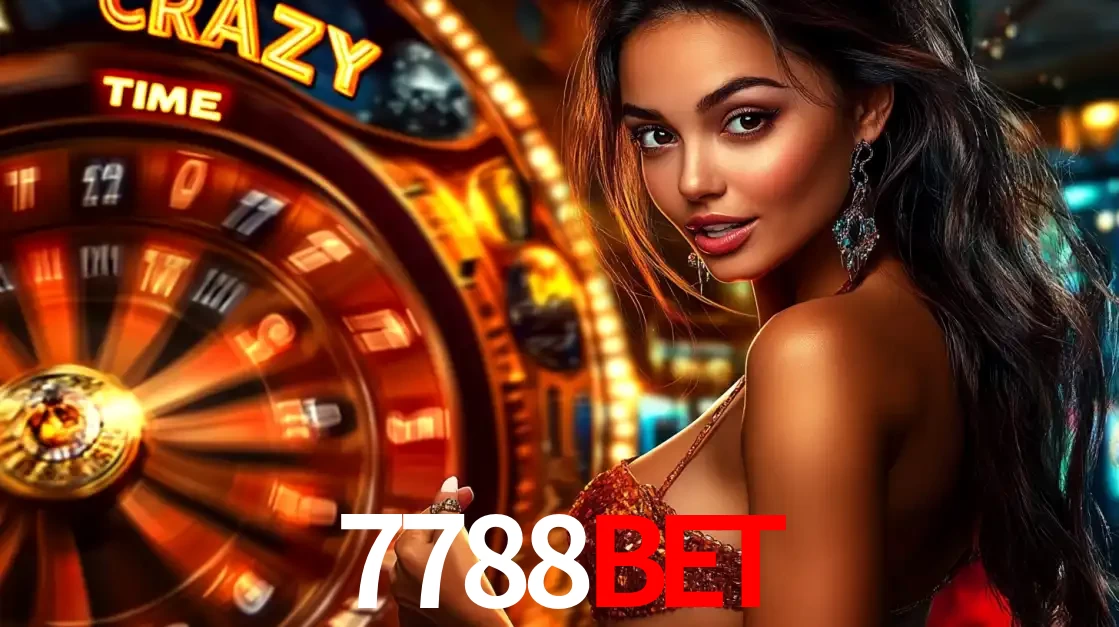 Mulher ao lado da roda de prêmios do jogo de cassino ao vivo Crazy Time, um dos shows de jogos mais emocionantes oferecidos pela plataforma de apostas 7788BET.
