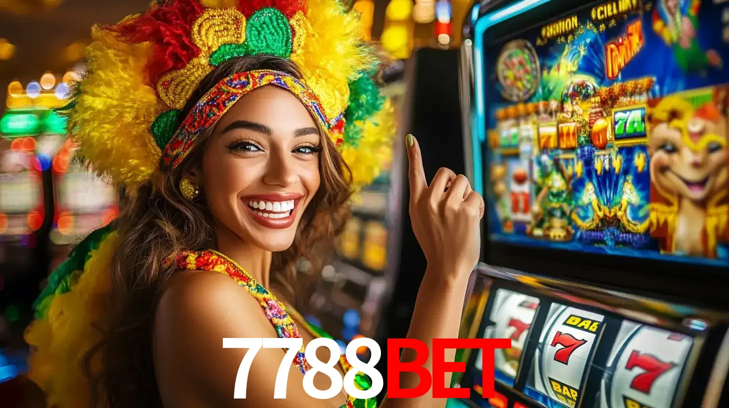 Mulher animada com um cocar de carnaval apontando para uma máquina de caça-níqueis, mostrando a emoção de ganhar um grande prêmio nos jogos do 7788BET.