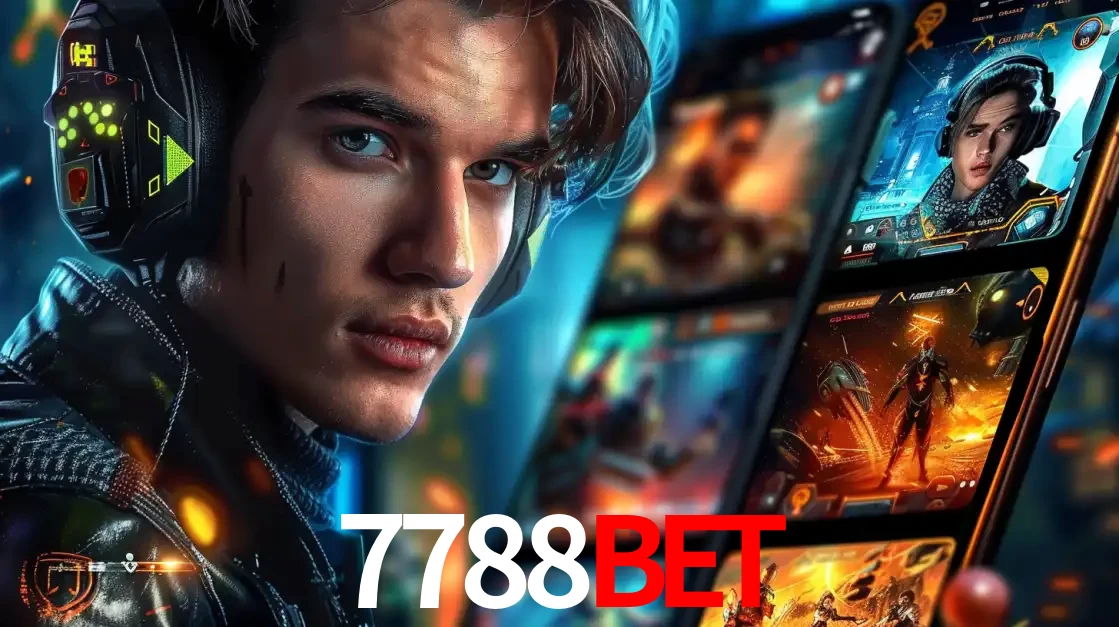 Jovem jogador com fones de ouvido olhando para a câmera, com um aplicativo de jogos e e-sports para celular ao fundo, pronto para a competição e apostas no 7788BET.