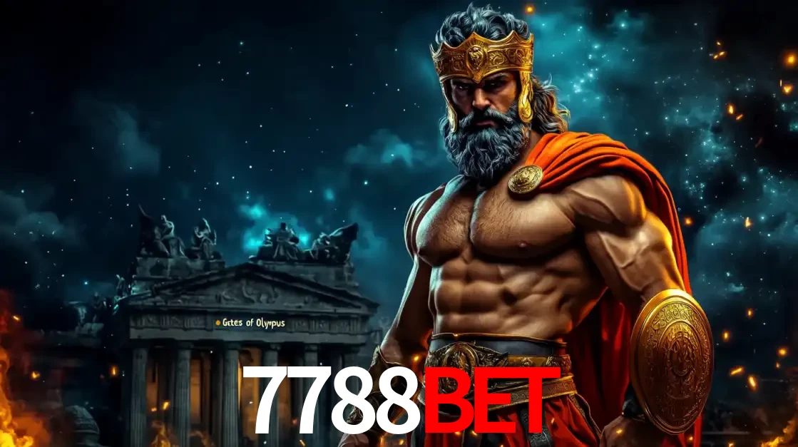 O poderoso Zeus do jogo de slot Gates of Olympus em frente ao seu templo, pronto para lançar multiplicadores divinos e prêmios épicos no cassino online 7788BET.