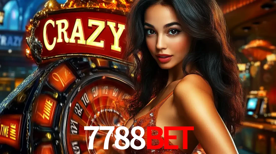 Mulher glamourosa olhando para a câmera com a roda vermelha do Crazy Time ao fundo em um ambiente de cassino, destacando a emoção dos jogos ao vivo no 7788BET.