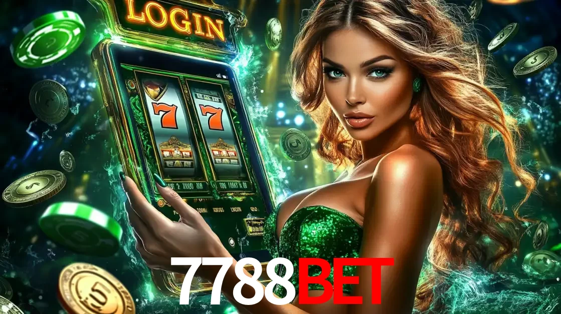 Mulher com tema verde apresentando o aplicativo do cassino 7788BET com um jogo de slot de 777, cercada por fichas de cassino e uma aura de sorte.