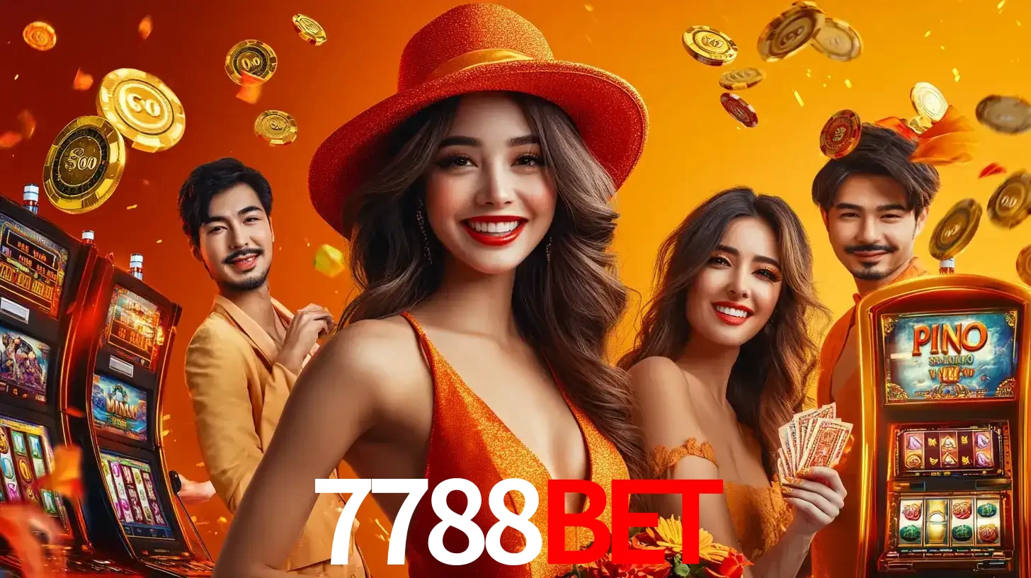 Grupo de amigos asiáticos sorrindo e se divertindo com máquinas de caça-níqueis em um ambiente festivo, celebrando suas vitórias nos jogos de cassino do 7788BET.