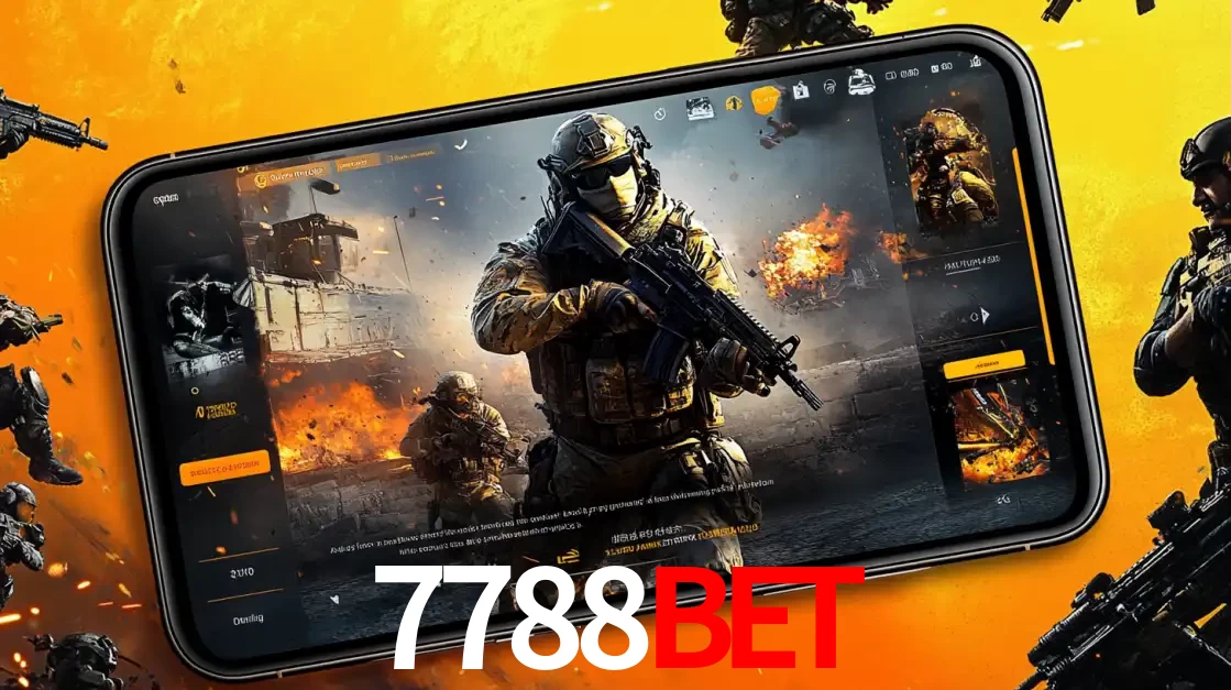 Um smartphone exibindo a interface de um jogo de tiro em primeira pessoa, com um soldado em um cenário de batalha, representando a ação dos e-sports para apostar no 7788BET.