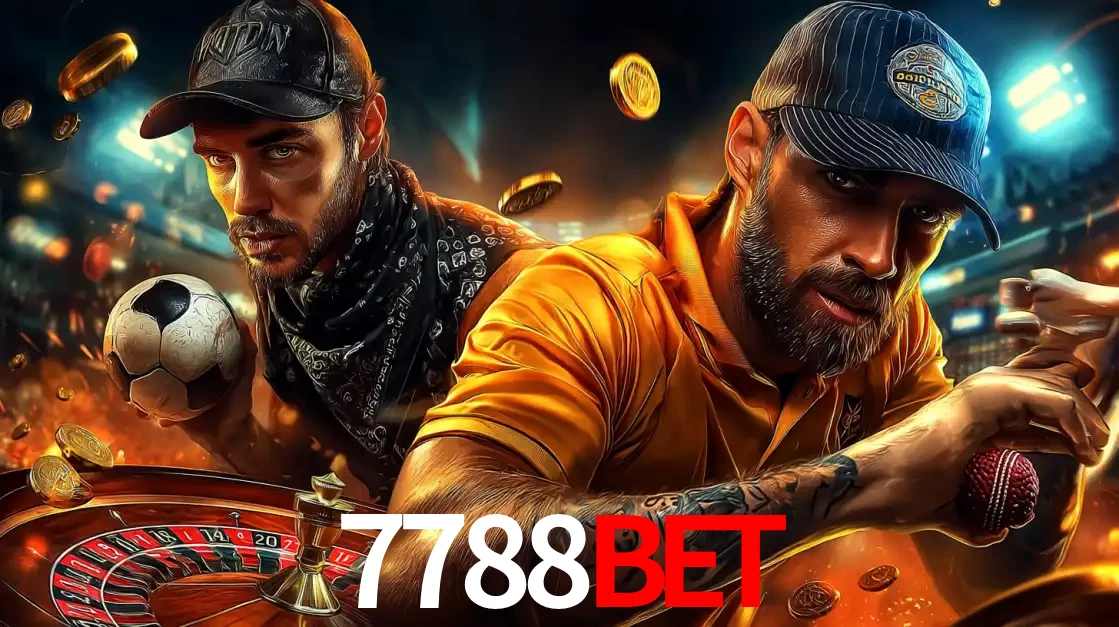 Montagem de apostas esportivas e cassino no 7788BET, com um homem segurando uma bola de futebol e outro uma de beisebol sobre uma roleta e moedas voadoras.