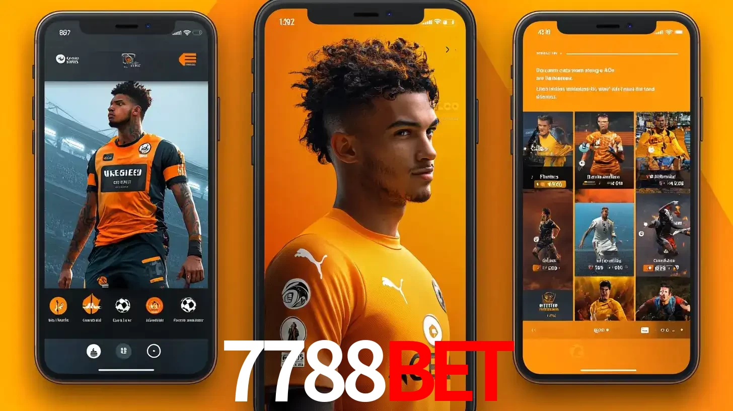 Interface do aplicativo de apostas esportivas 7788BET em três telas de celular, mostrando o perfil de um jogador de futebol e a lista de jogos disponíveis para apostar.