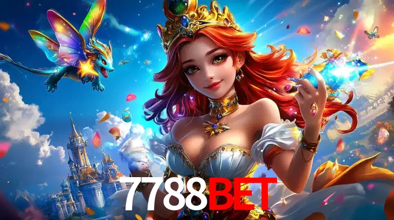 A princesa de um reino de fantasia mágico, com seu pequeno dragão, apresentando um mundo de prêmios encantados nos jogos de caça-níqueis do cassino 7788BET.