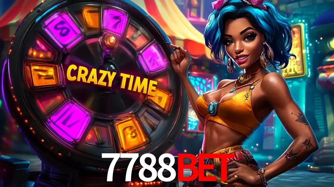 Mulher estilizada com cabelo azul e visual vibrante posando ao lado da roda de prêmios do game show Crazy Time, convidando para a diversão e os bônus do cassino 7788BET.