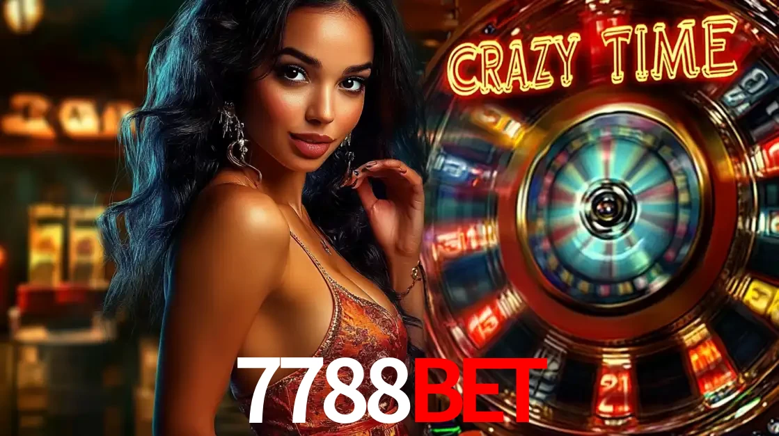 Mulher elegante ao lado da vibrante roda da fortuna do jogo de cassino ao vivo Crazy Time, um dos game shows mais populares e cheios de prêmios do 7788BET.