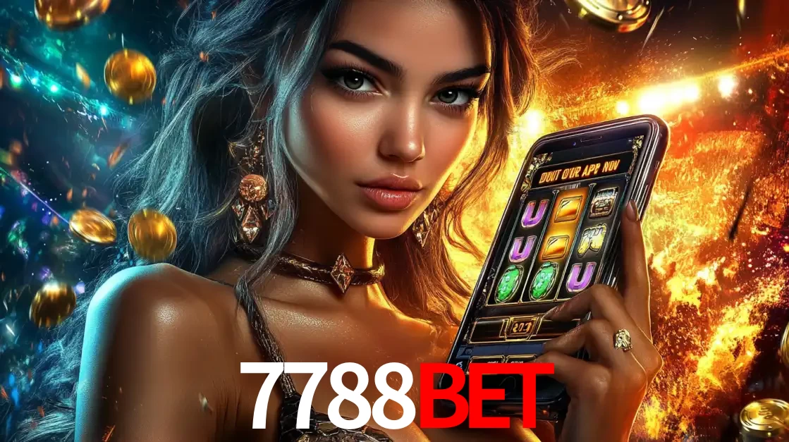 Mulher elegante mostrando um jogo de caça-níqueis em seu smartphone, destacando a experiência de cassino móvel oferecida pelo aplicativo 7788BET.