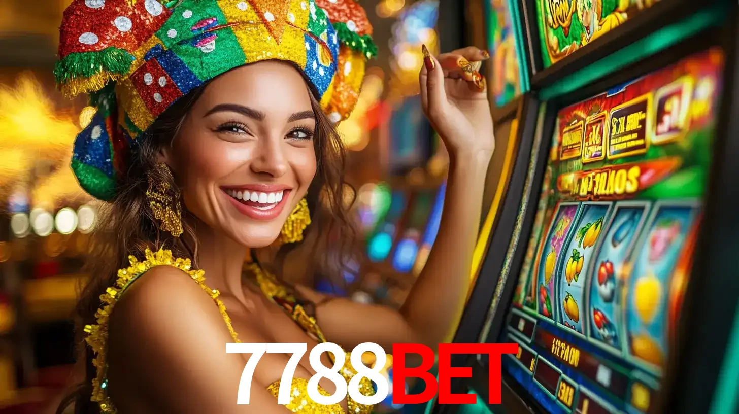 Mulher feliz com traje de carnaval amarelo e colorido ao lado de uma máquina de caça-níqueis, aproveitando a diversão e os jogos temáticos do cassino 7788BET.