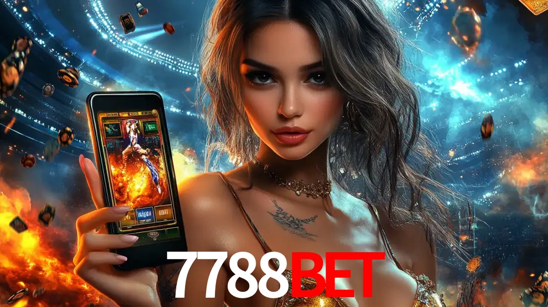 Mulher segurando um celular com um jogo de slot em destaque, tendo como fundo um estádio vibrante, simbolizando a emoção de jogar no cassino móvel 7788BET.