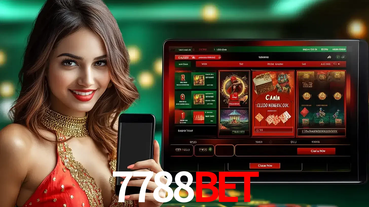 Mulher sorridente segurando um smartphone, ao lado de uma tela exibindo o lobby de jogos do cassino online 7788BET, com várias opções de jogos de cartas e slots.